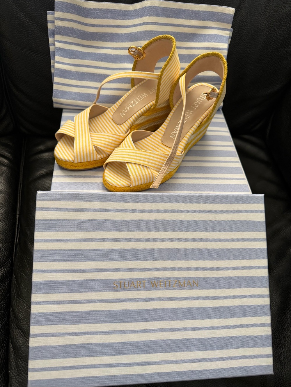 Stuart Weitzman Yellow Stripe Espadrille Wedge Sandals